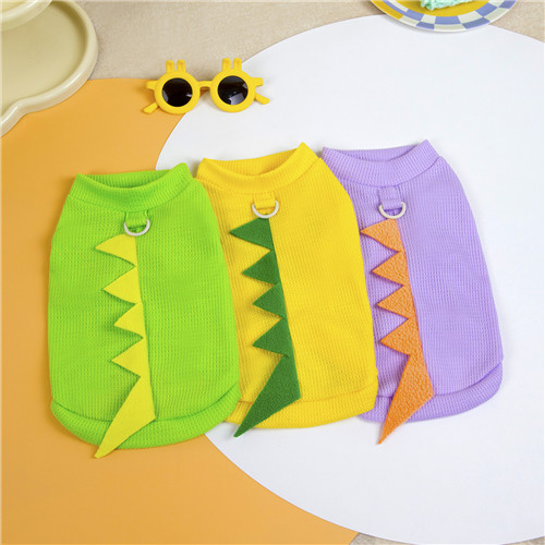 Dinosaur Teeth Pet Tee – Polyester Waffle-Knit Costume Shirt | Green, Yellow, Purple | Ruis Petwear