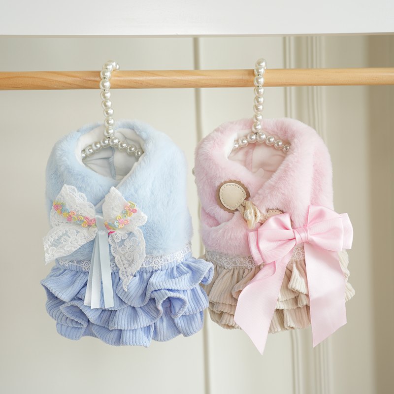 RA25D14# Pet Dress with Faux Fur Trim and Ribbon |Ruispet wear
